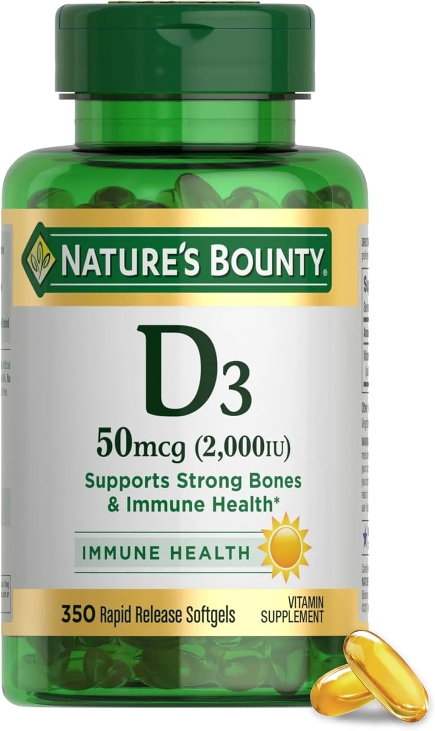 Nature’s Bounty Vitamin D3 2000 IU – 350 Softgels, Immune & Bone Health