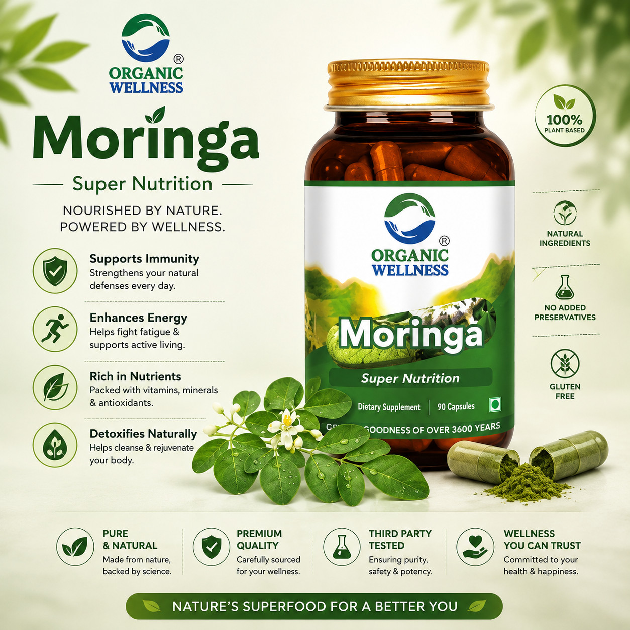 Moringa Essential Nutrition 90 N Veg Capsules | Sahjan | Drumstick Leaf Powder