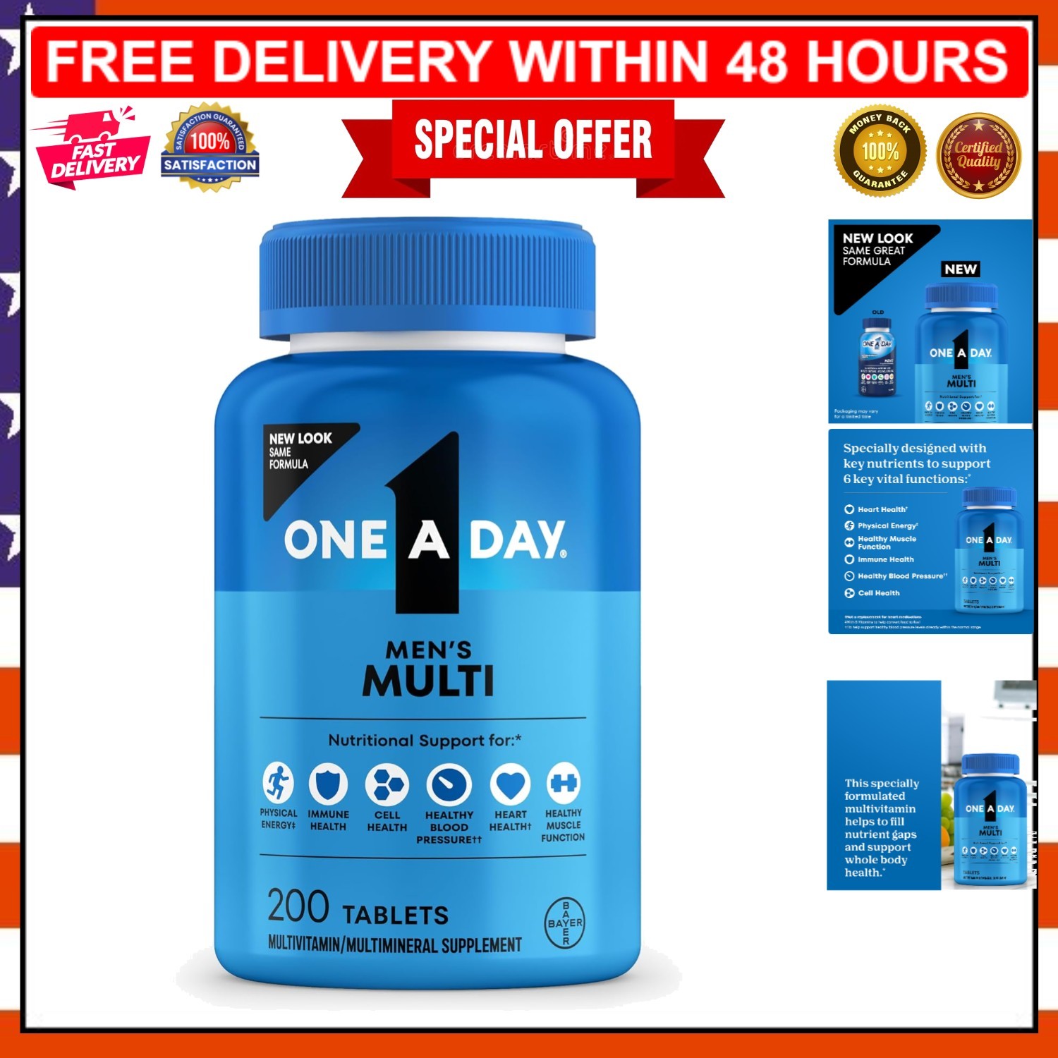 Gluten-Free Men’s Daily Vitamins – 200 Count Tablets with 19 Essential Nutrients