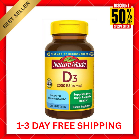 Nature Made D3 2000 IU 50mcg, Vitamin D Supplement for Bone, Teeth, 250 Softgels