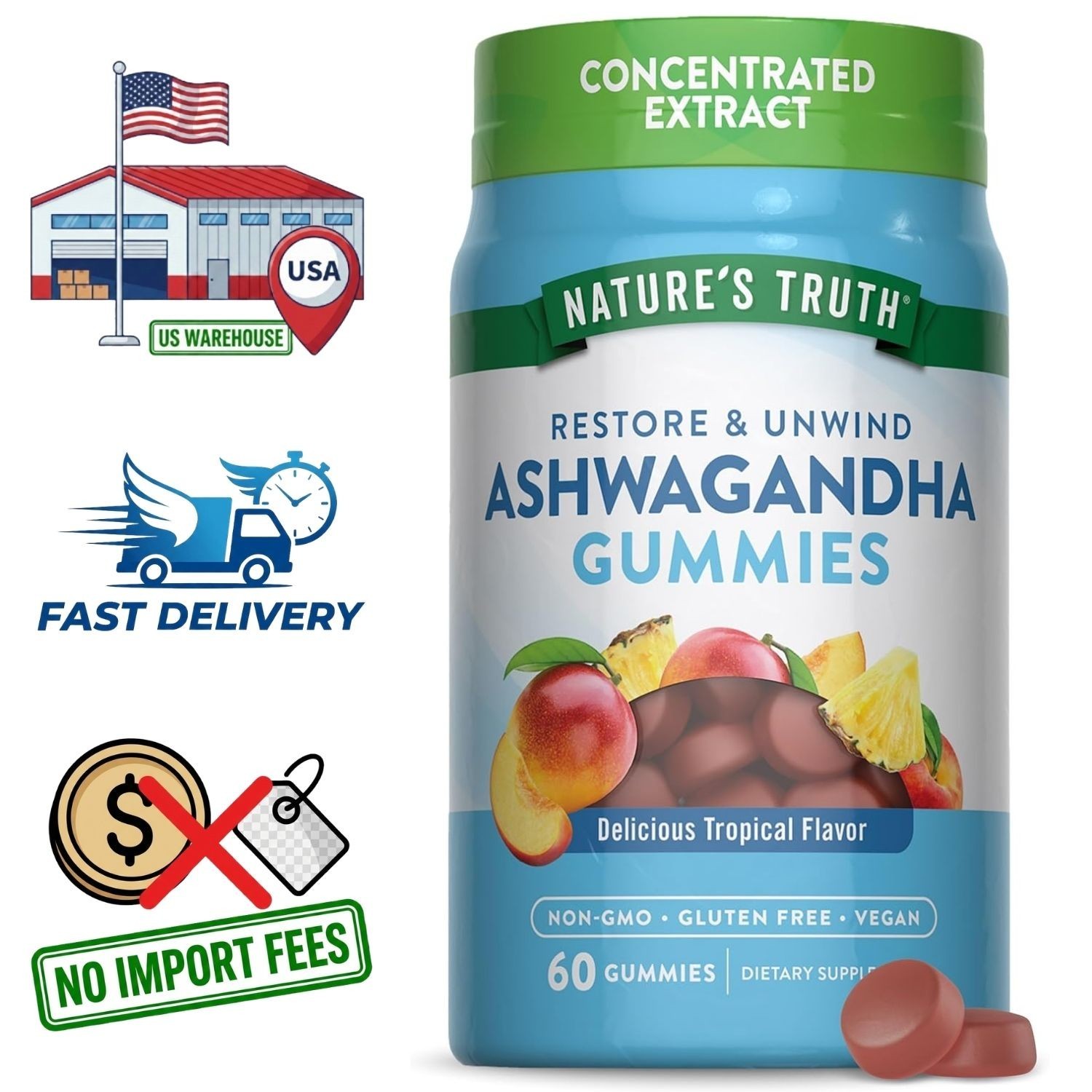 Ashwagandha Root Extract | 60 Gummies | Tropical Flavor | 60 Day Supply