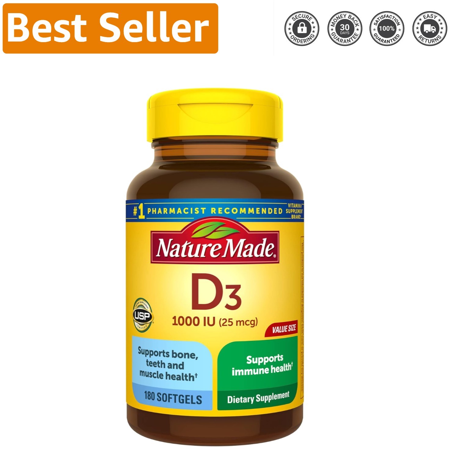 Gluten-Free Vitamin D3 1000 IU Softgels – Essential Support for Bones & Muscles