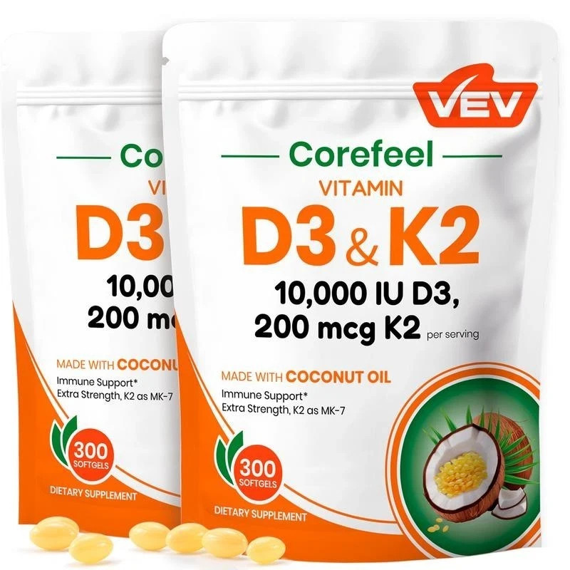 2pack VEV Vitamin D3 K2 10000 IU, 300  with Virgin Coconut Oil, 2-in-1 Vitamin