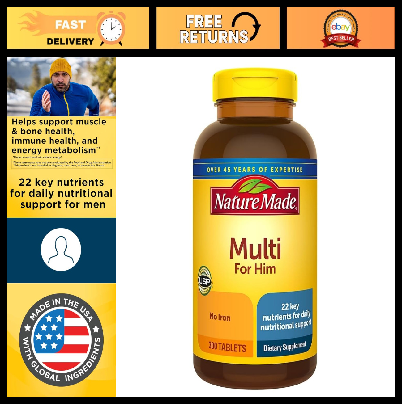 Men’s Multivitamins – 300 Tablets, Essential Nutrients for Energy & Immunity Sup