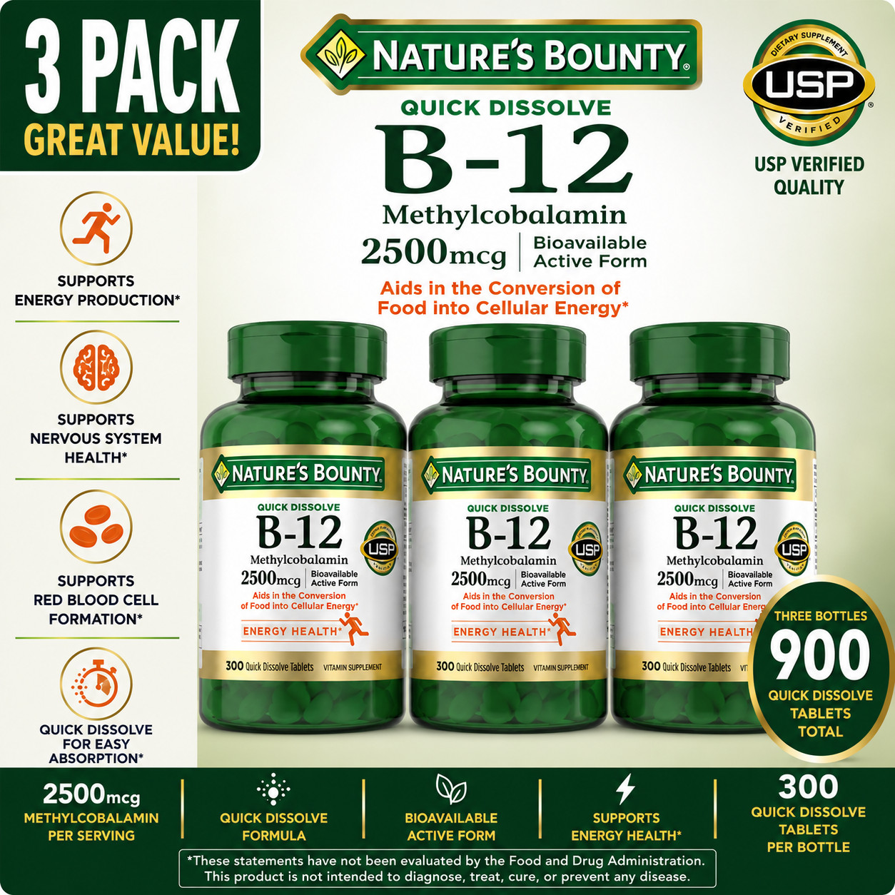 3-Pack Nature’s Bounty Vitamin B-12 2500 mcg, 300 Quick Dissolve Tablets