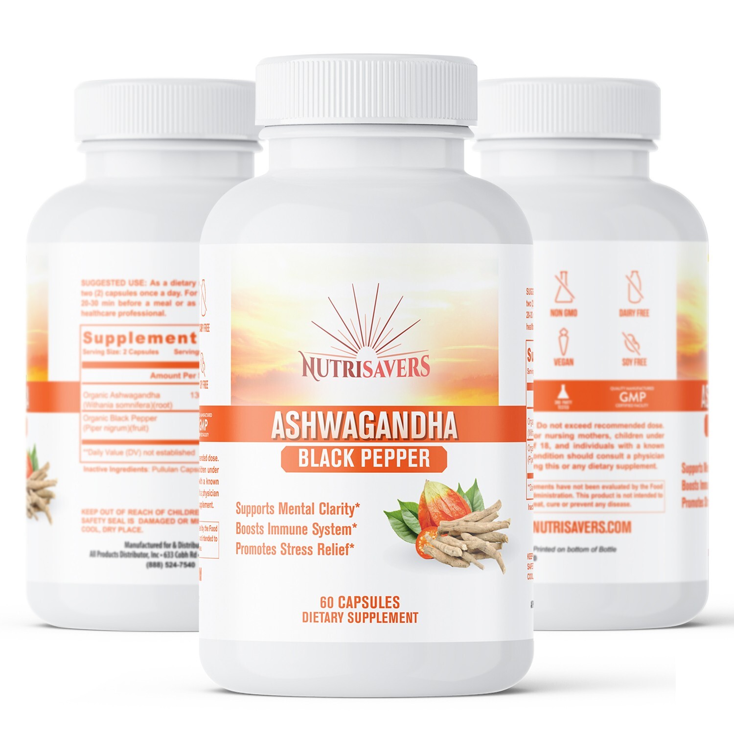 Ashwagandha 1300mg & Black Pepper Adrenal Support Stress Relief 60 ct, 3 Pack