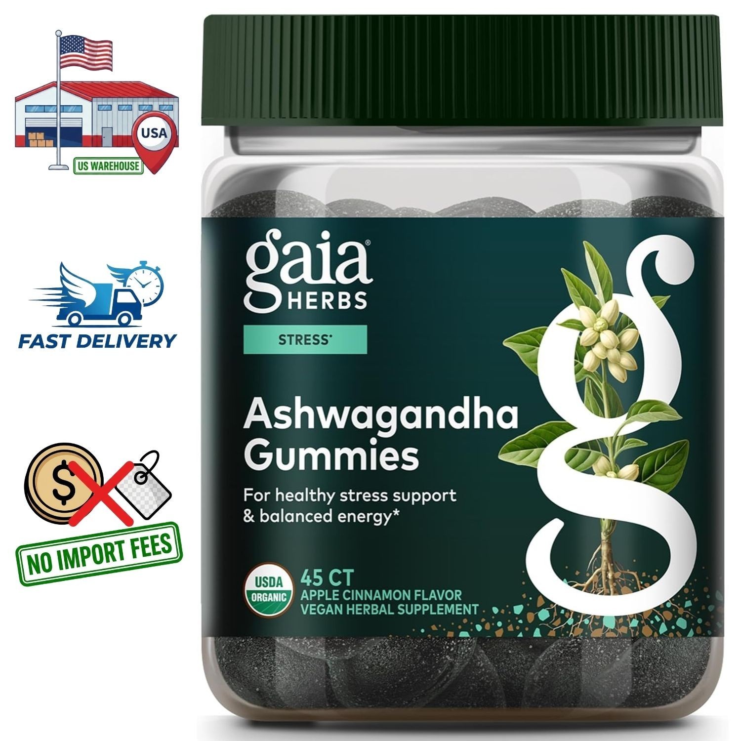Ashwagandha Orgánica Extracto de Raíz Gomitas con Canela y Jengibre, 45 Unidades