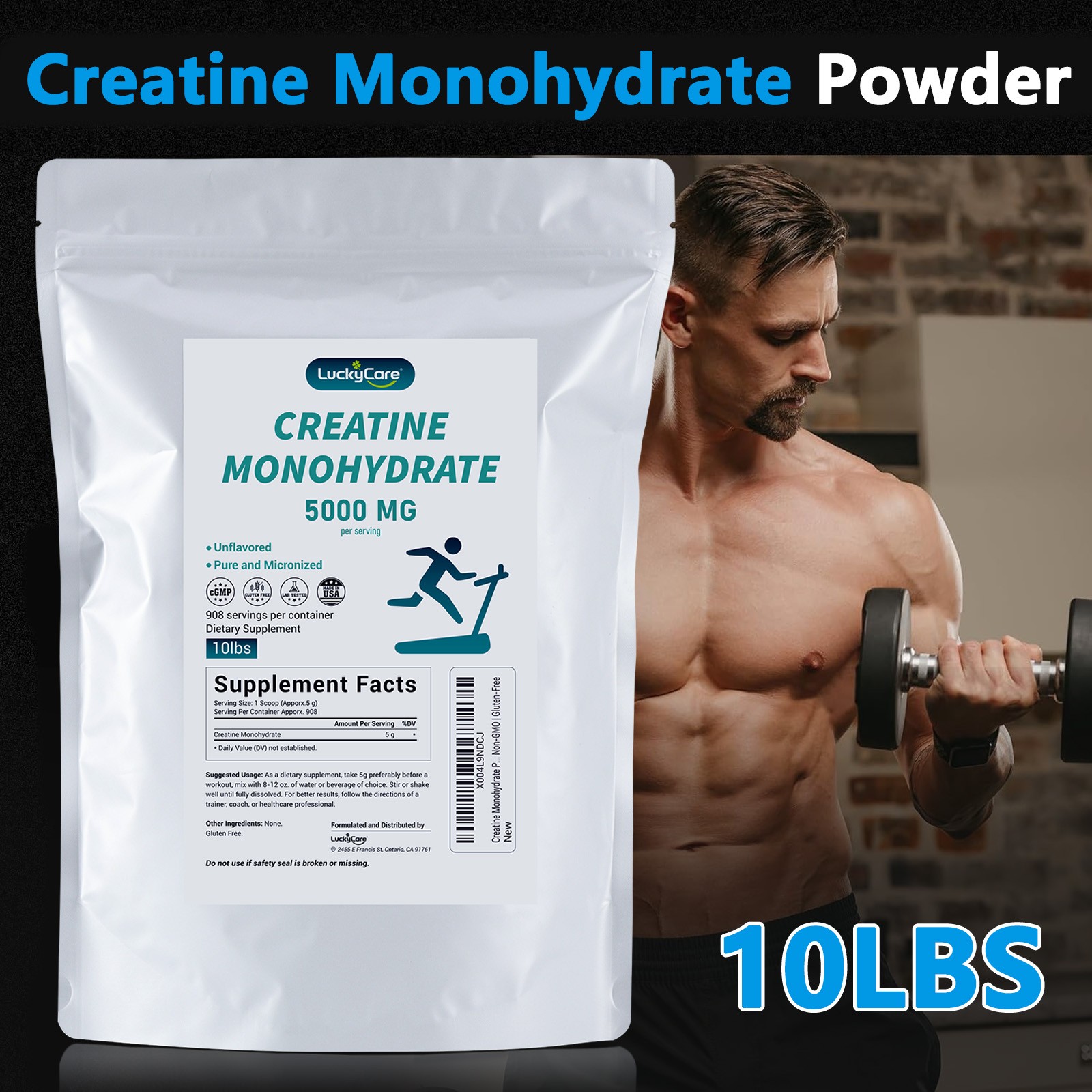 100% Pure Creatine Monohydrate Powder 10LBS, Unflavored, 5000mg, 908 Servings