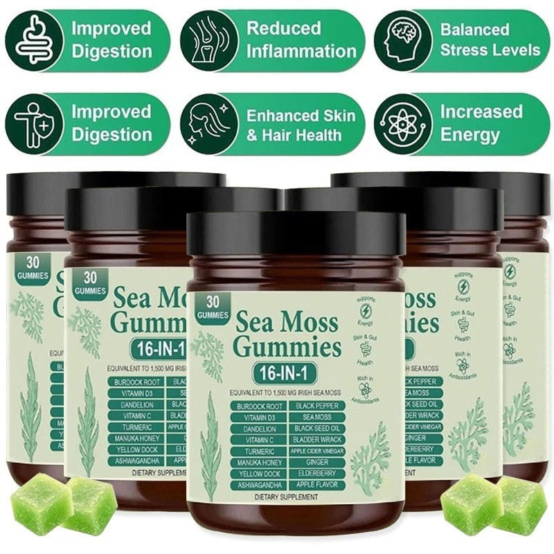 16 in 1 Organic Sea Moss Gummy | Irishmoss Extract 6000Mg | Green Apple Flavor-
