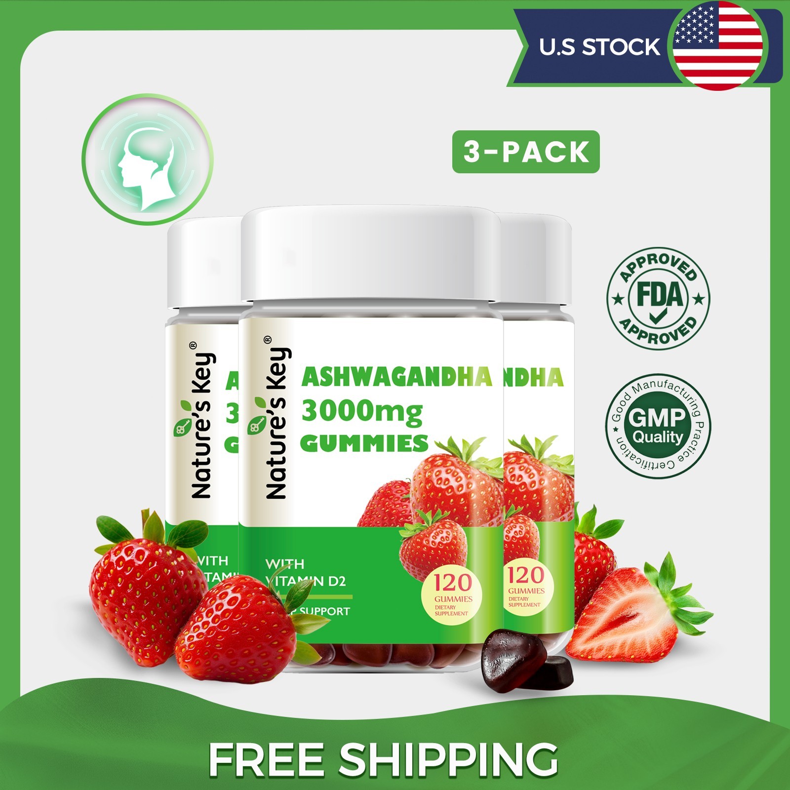 3 PACK – Ashwagandha Gummies, 3000mg High Potency Ashwagandha Root 120Ct