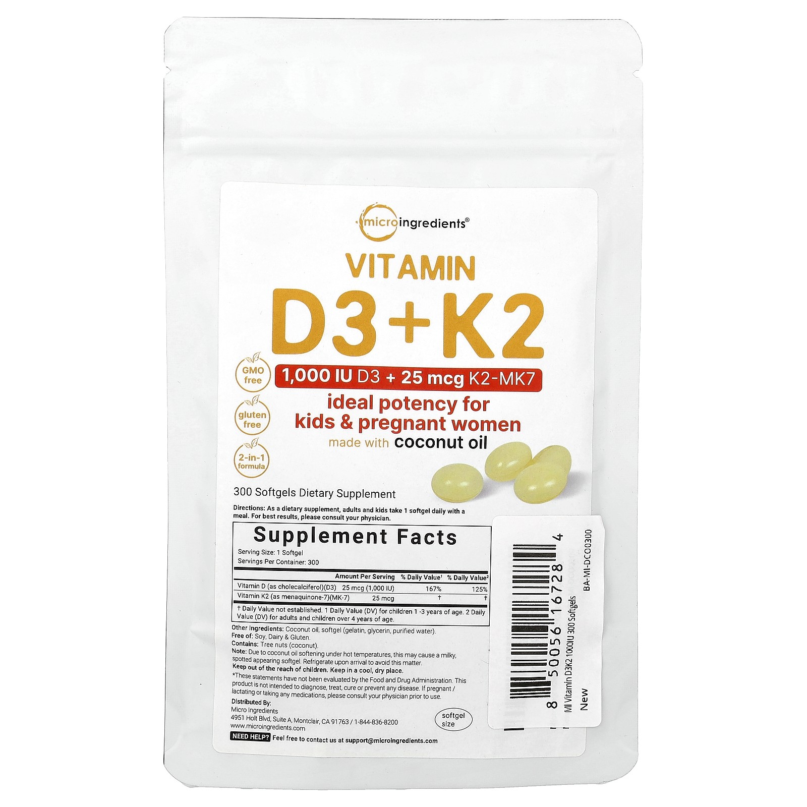 Vitamin D3 + K2, 300 Softgels