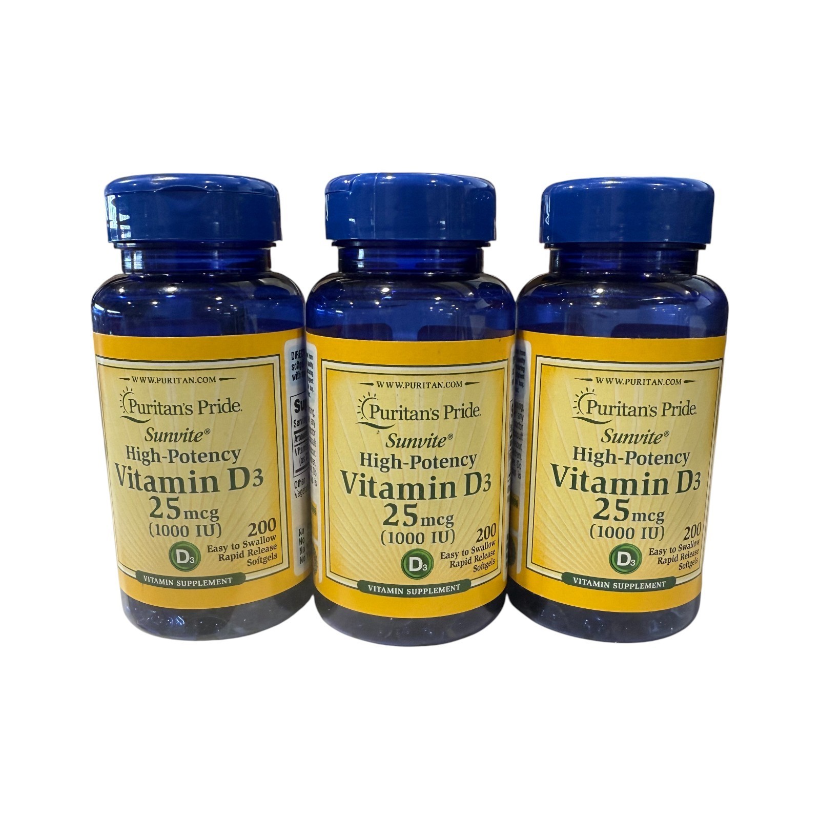 Puritan’s Pride VITAMIN D3 1000 IU 25 mcg 3×200=600 Rapid Release Softgels 5/28