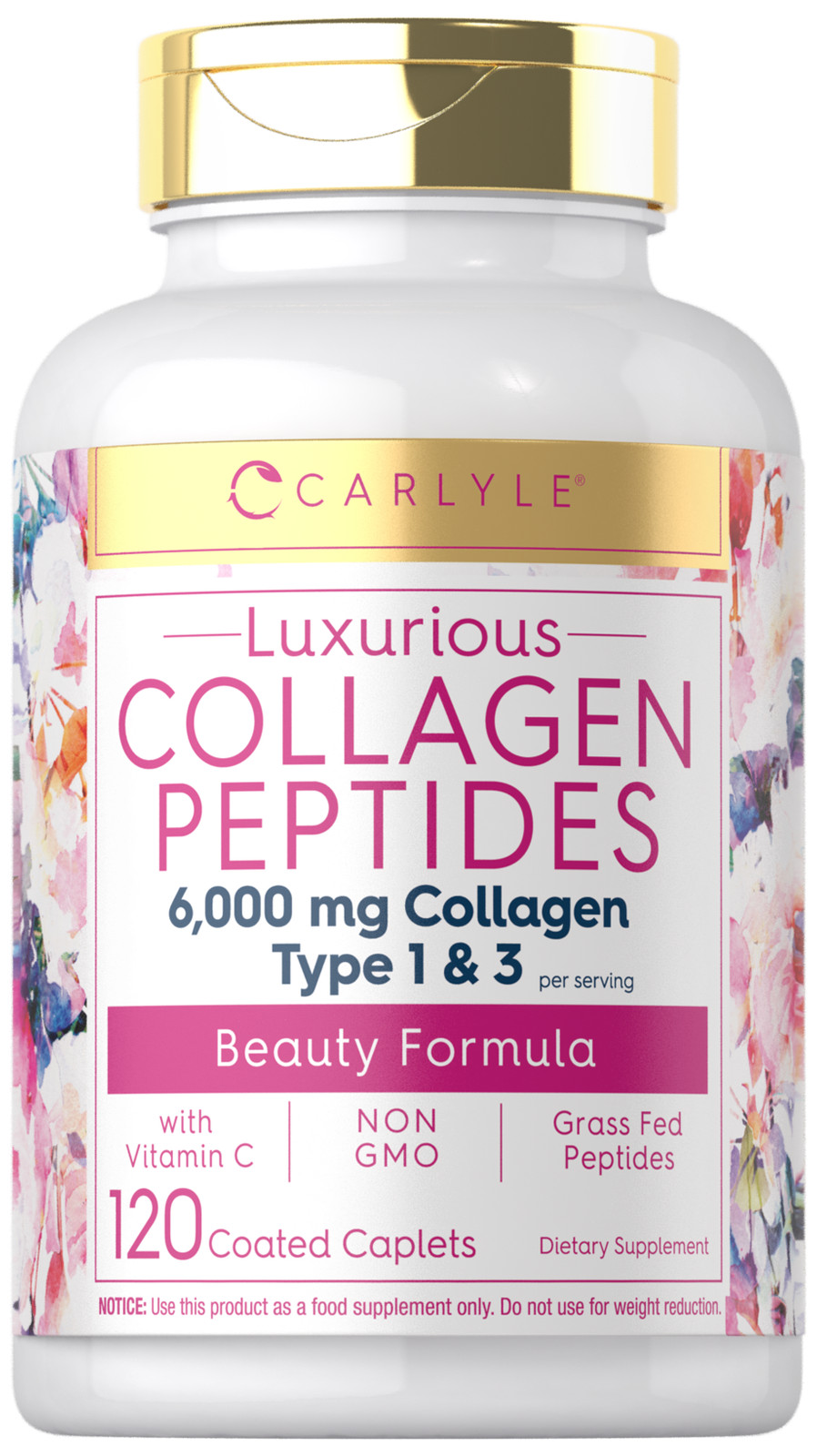 Collagen Peptides Pills 6000 mg | 120 Caplets | Type 1 & 3, Vitamin C | Carlyle