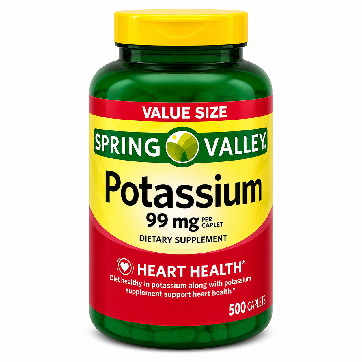 Spring Valley Potassium 99mg 500 Caplets Value Size Heart Health Supplement