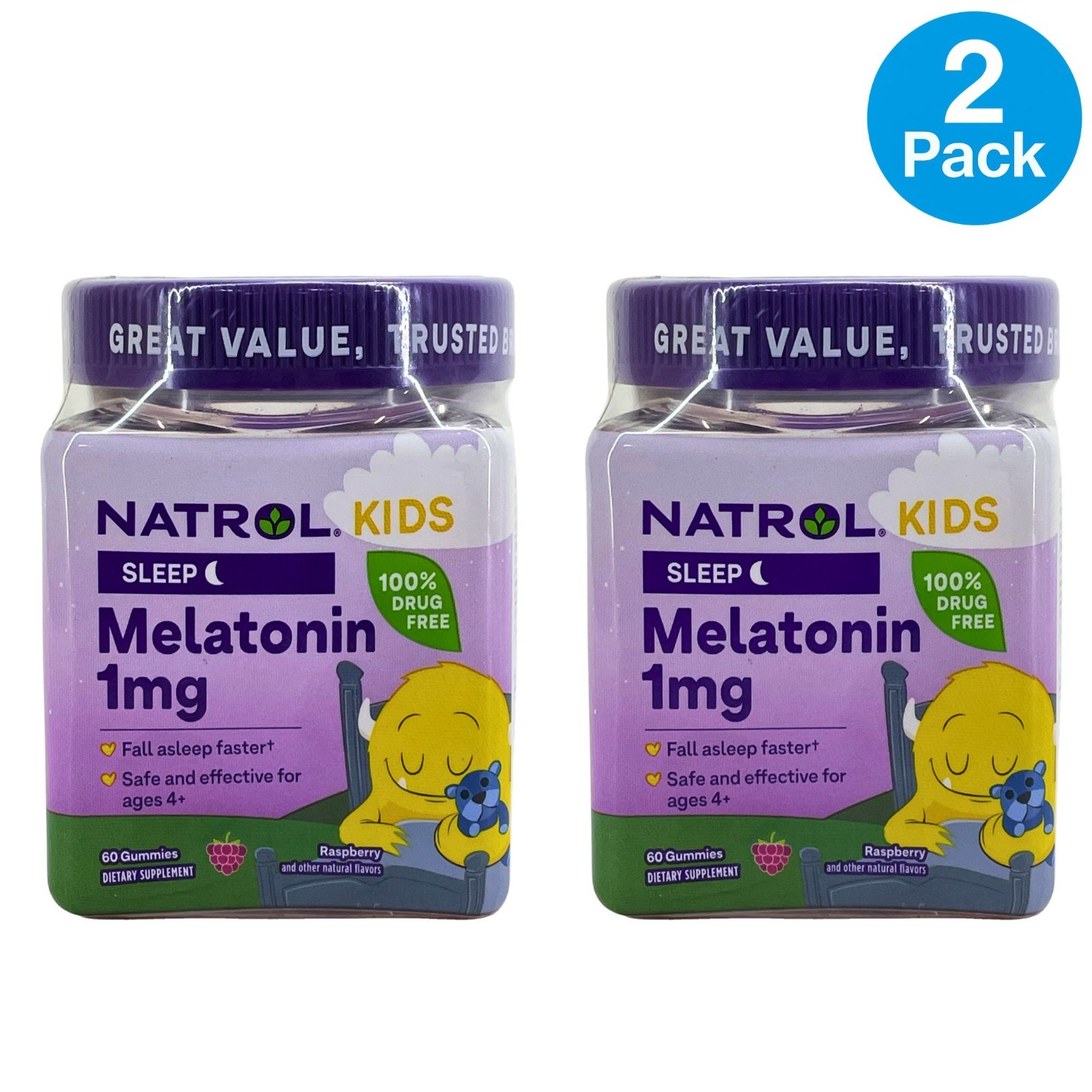 Natrol Kids Melatonin 1mg Sleep Aid Gummies Raspberry Flavor 60ct 2 Pack New