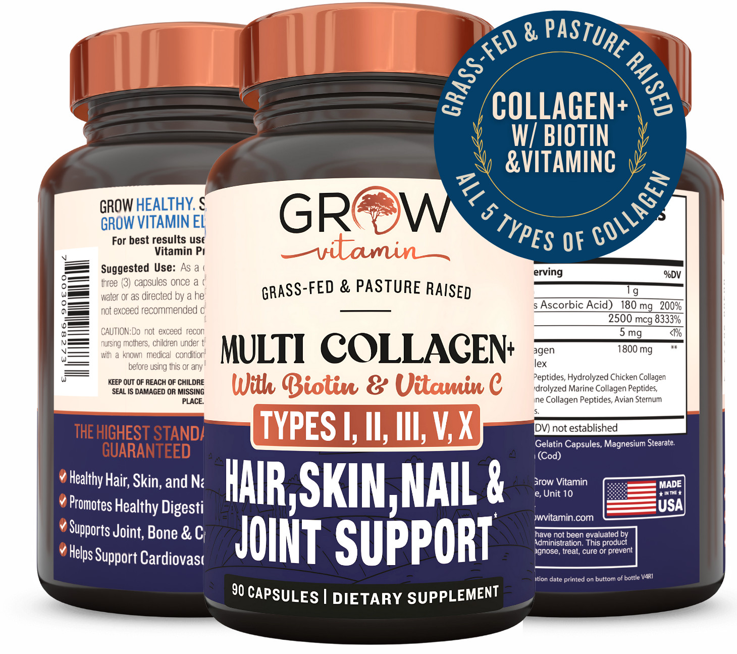 Grow Vitamin Multi Collagen Plus Types I, II, III, V, & X, 1800MG – 90 Capsules