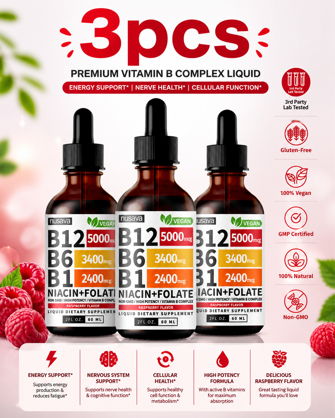 Nusava Liquid Vitamin B Complex 3 Pack High Absorption Vegan Raspberry Flavor
