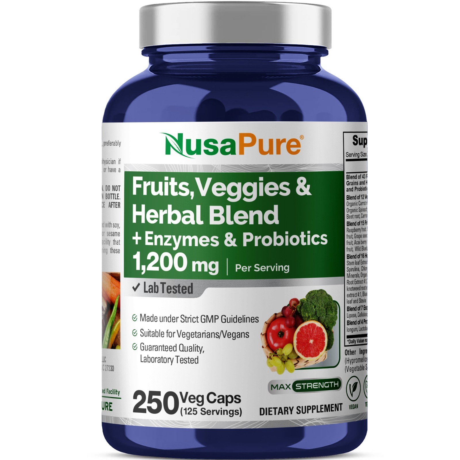 43 Fruits and Veggies Supplement | 250 Vcaps | with 11 Enzymes & Probiotics
