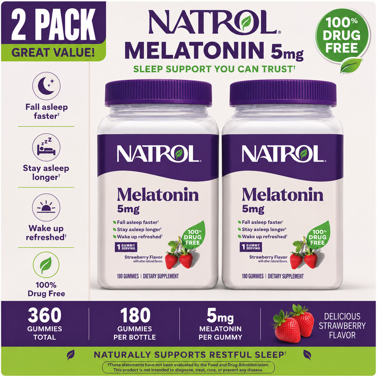 2-Pack Natrol Melatonin 5 mg., 180 Gummies