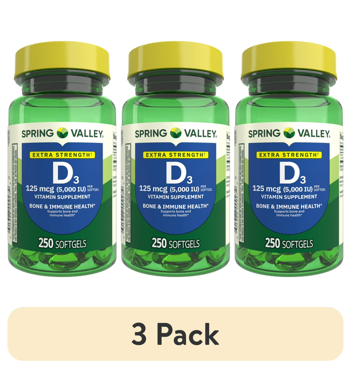 Spring Valley D3 5000 IU 250 Softgels (3 Pack) Bone Immune Support