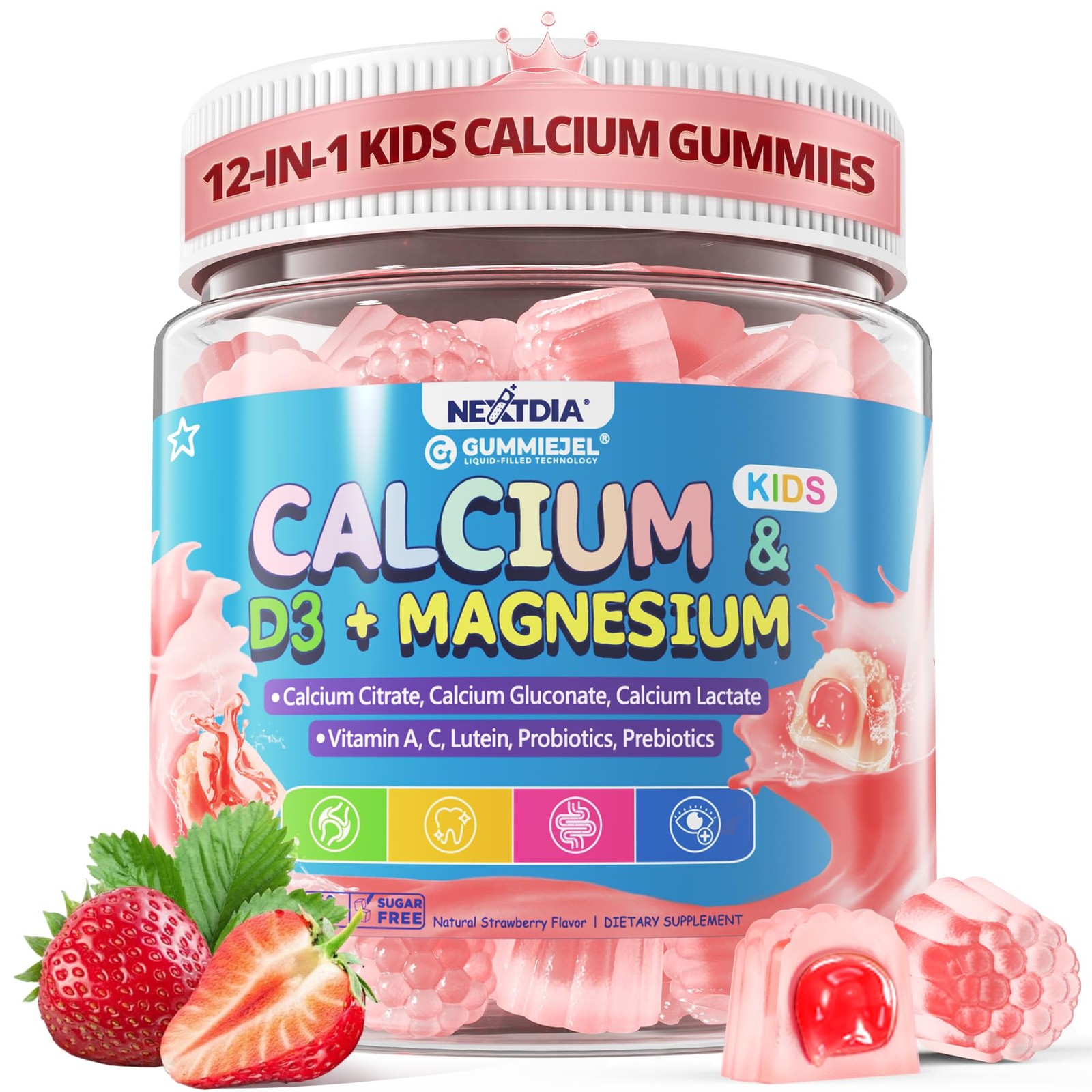 Kids Calcium Gummies + D3 & Magnesium for 4+, with 60 Count (Pack of 1)