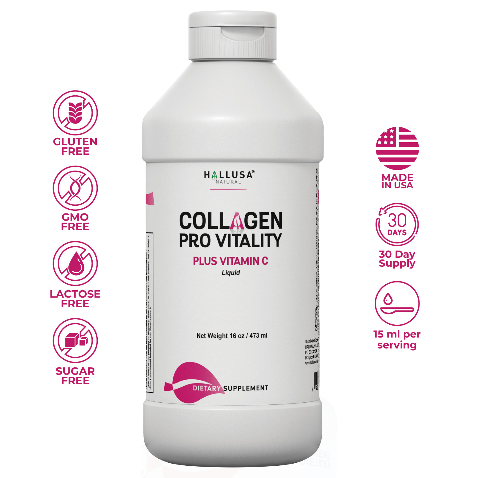 Hydrolyzed Collagen Liquid – Joint, Skin & Hair Health – 16 OZ with Vitamin C