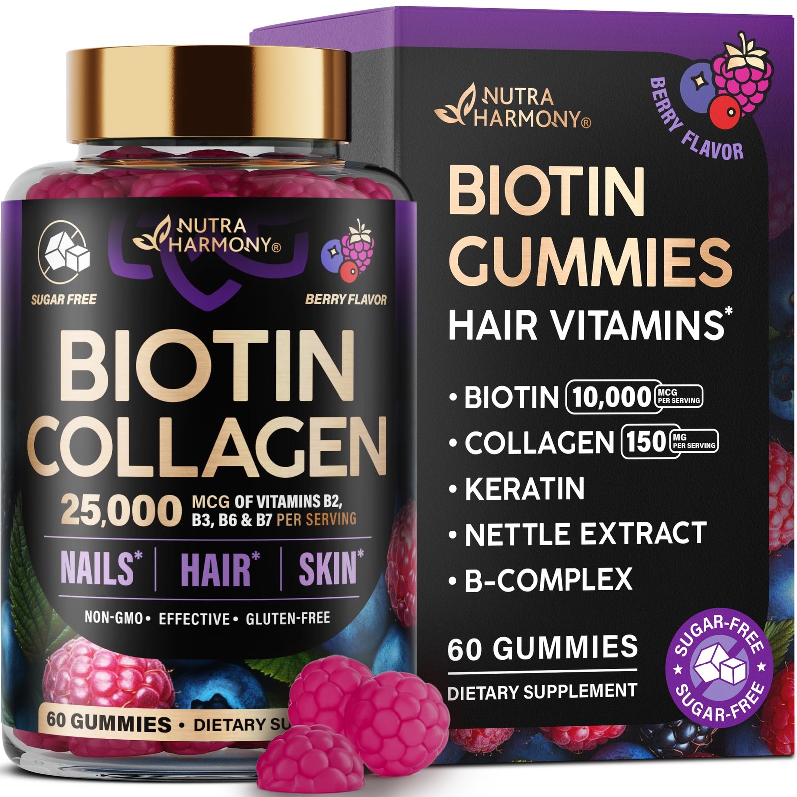 Biotin Gummies with Collagen – Hair Growth Support, 60 Count (Pack of 1)