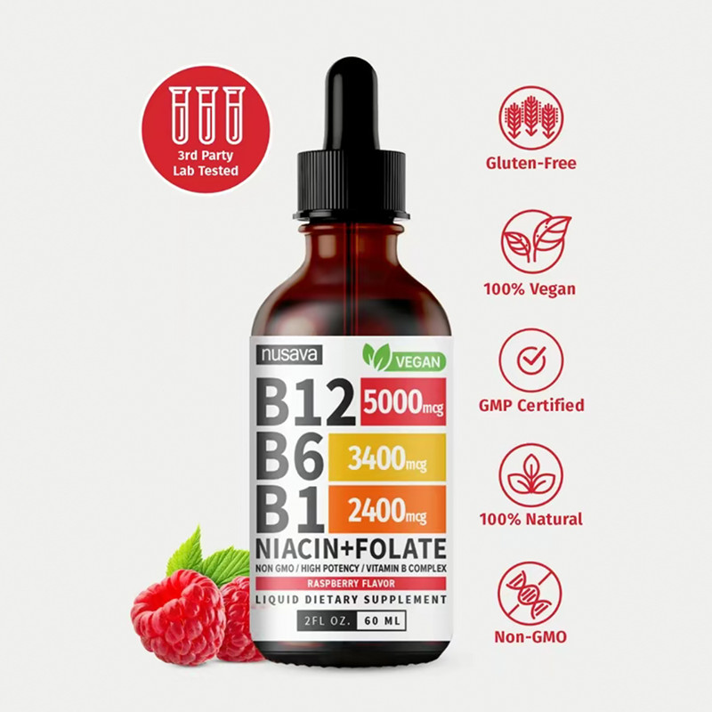 Vitamin B12 Liquid Supplement Dropswith B6, B1, Niacin & Folate -Edible Support+