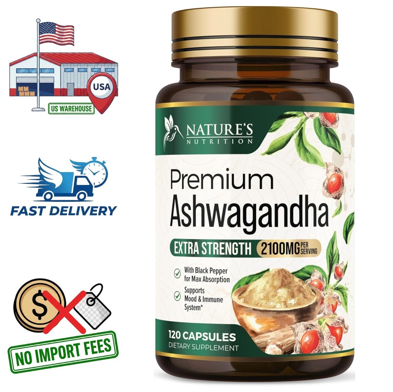 Ashwagandha en Polvo y Extracto de Raíz 2100mg con Pimienta Negra | 120 Cápsulas