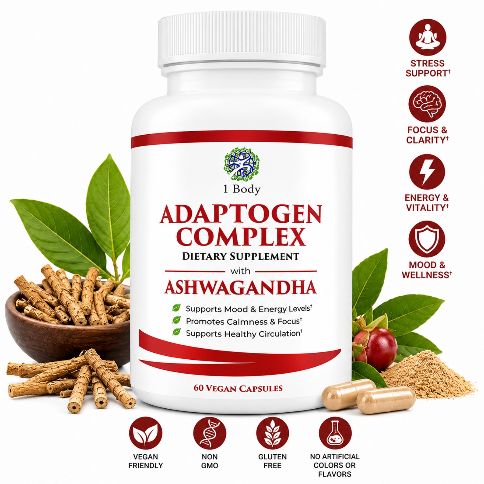 1 Body Adaptogen Complex with Ashwagandha, 60 Capsules, Stress Support