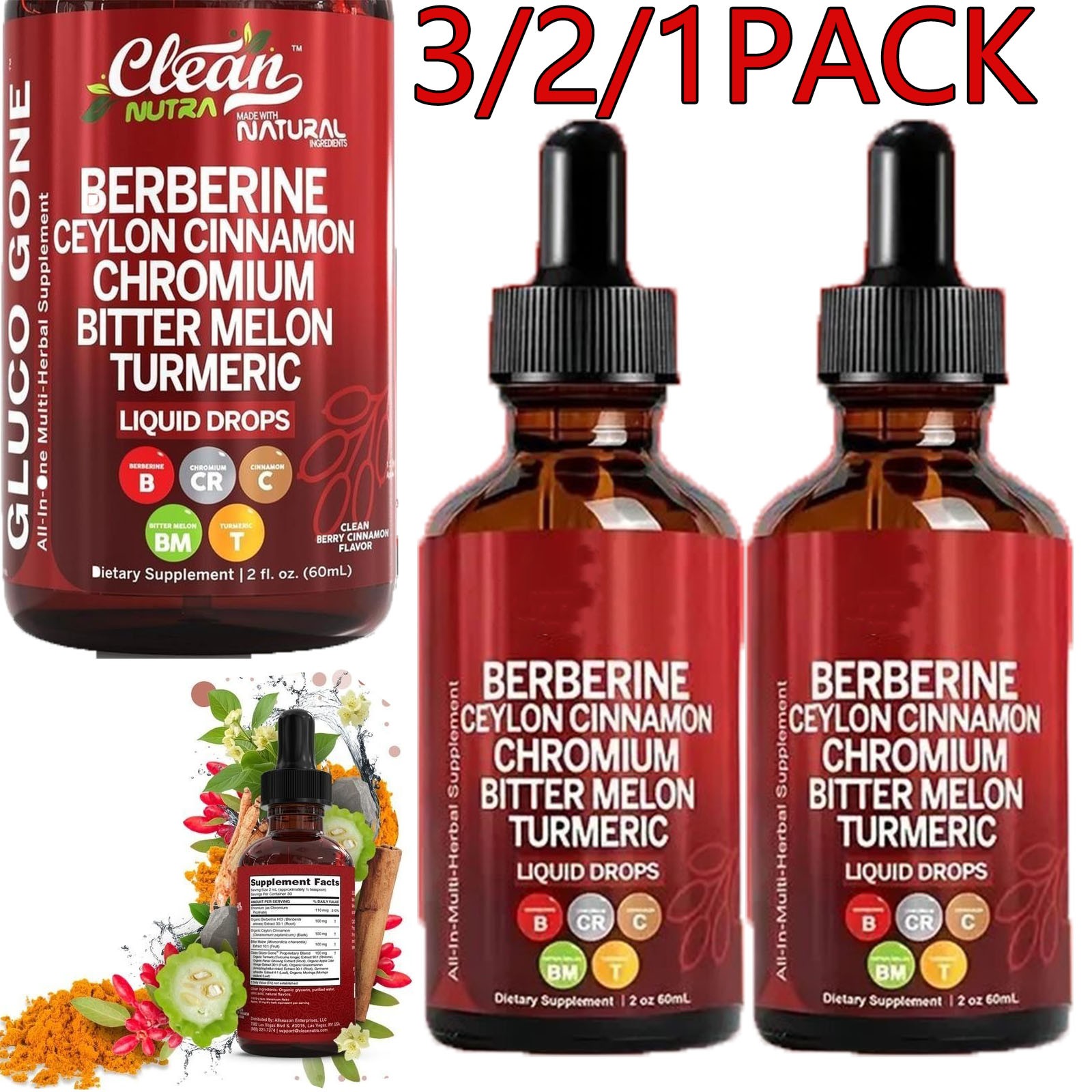3/2PACK Berberine Gymnema/Apple Cider Vinegar/Chromium/Ceylon Cinnamon 2oz Drops