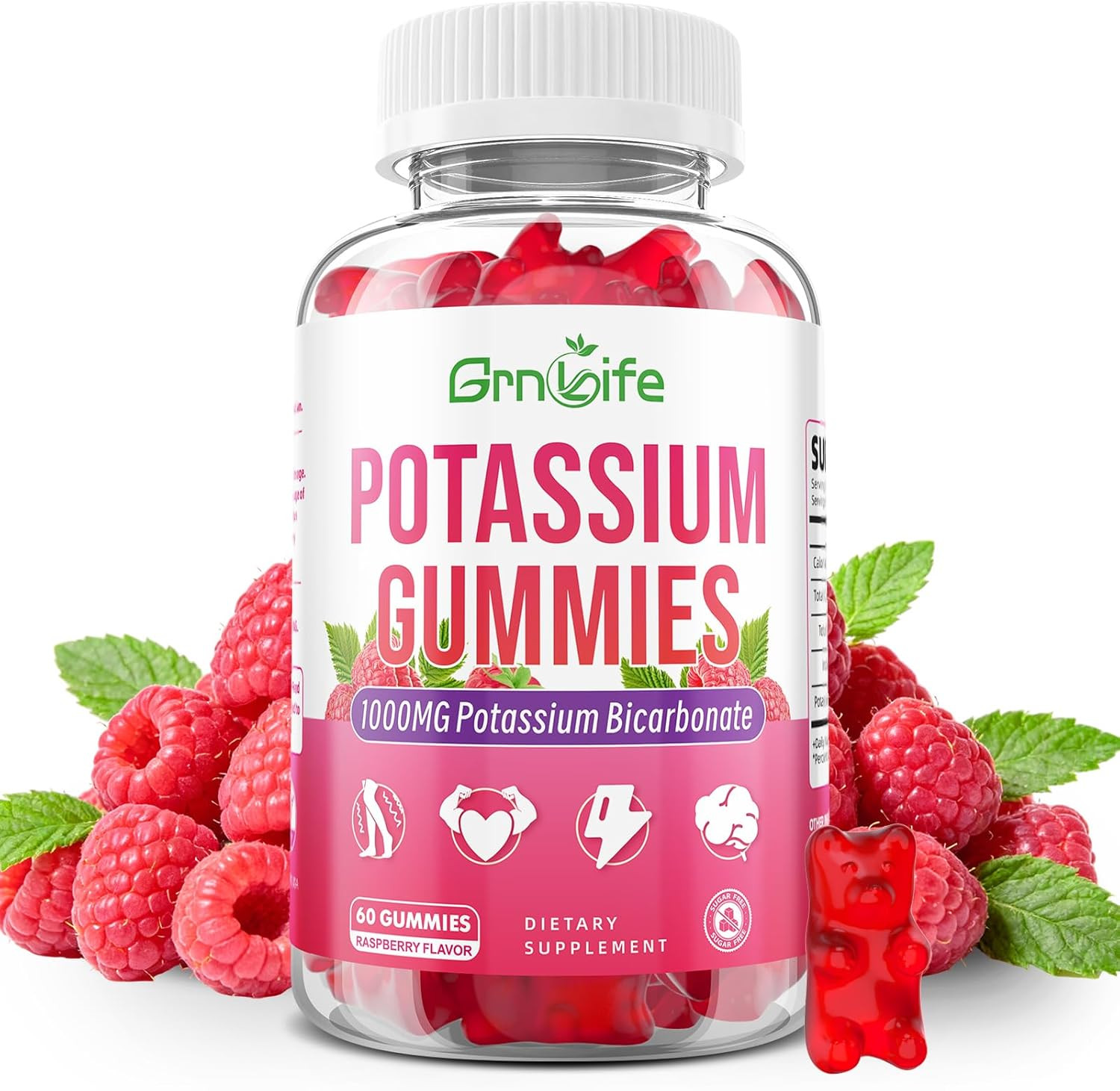 Potassium Gummies 1000mg, Potassium Bicarbonate Supplement for Adults & Kids