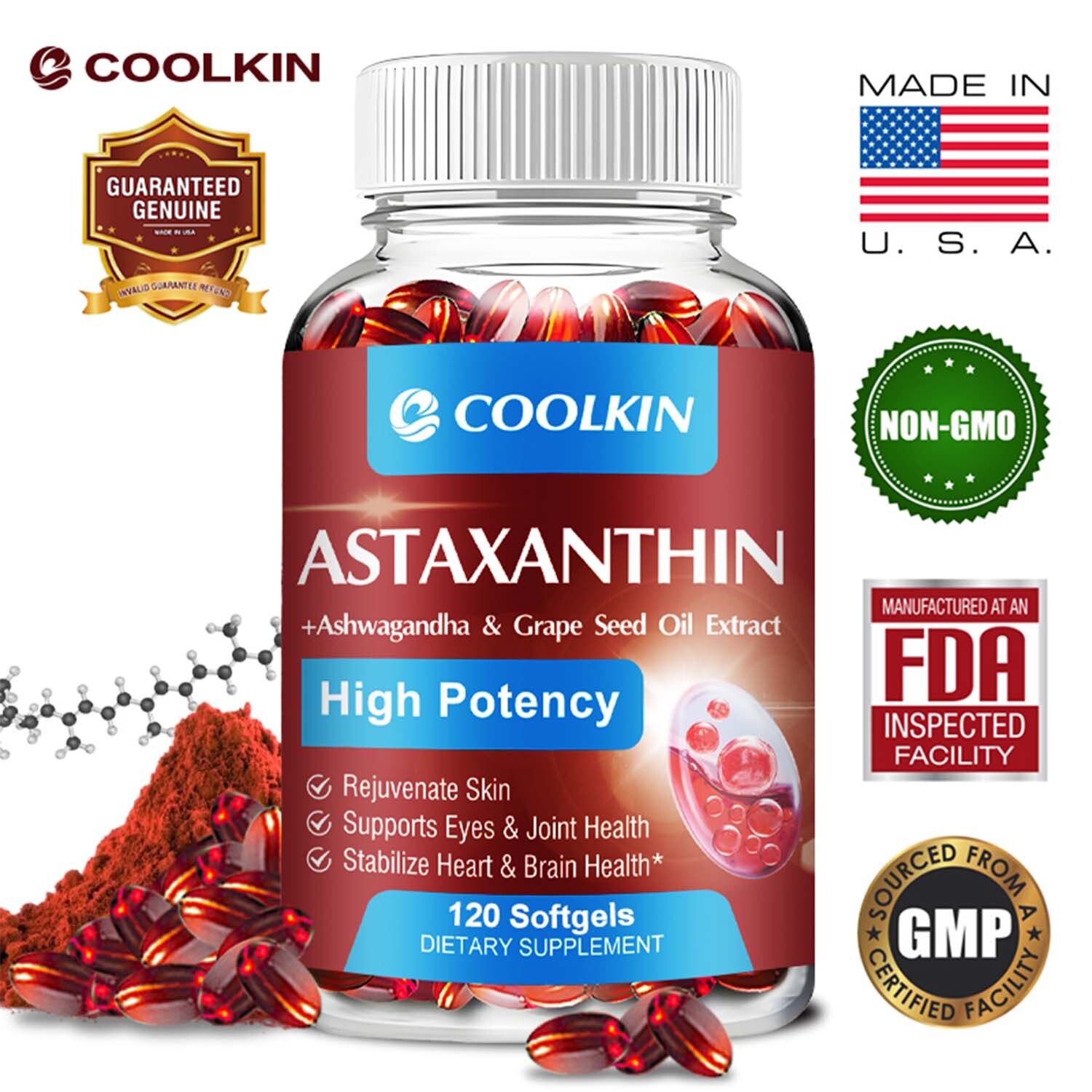 Astaxanthin 24mg – Ashwagandha,Grape Seed Oil-for Skin,Eyes,Joint & Heart Health