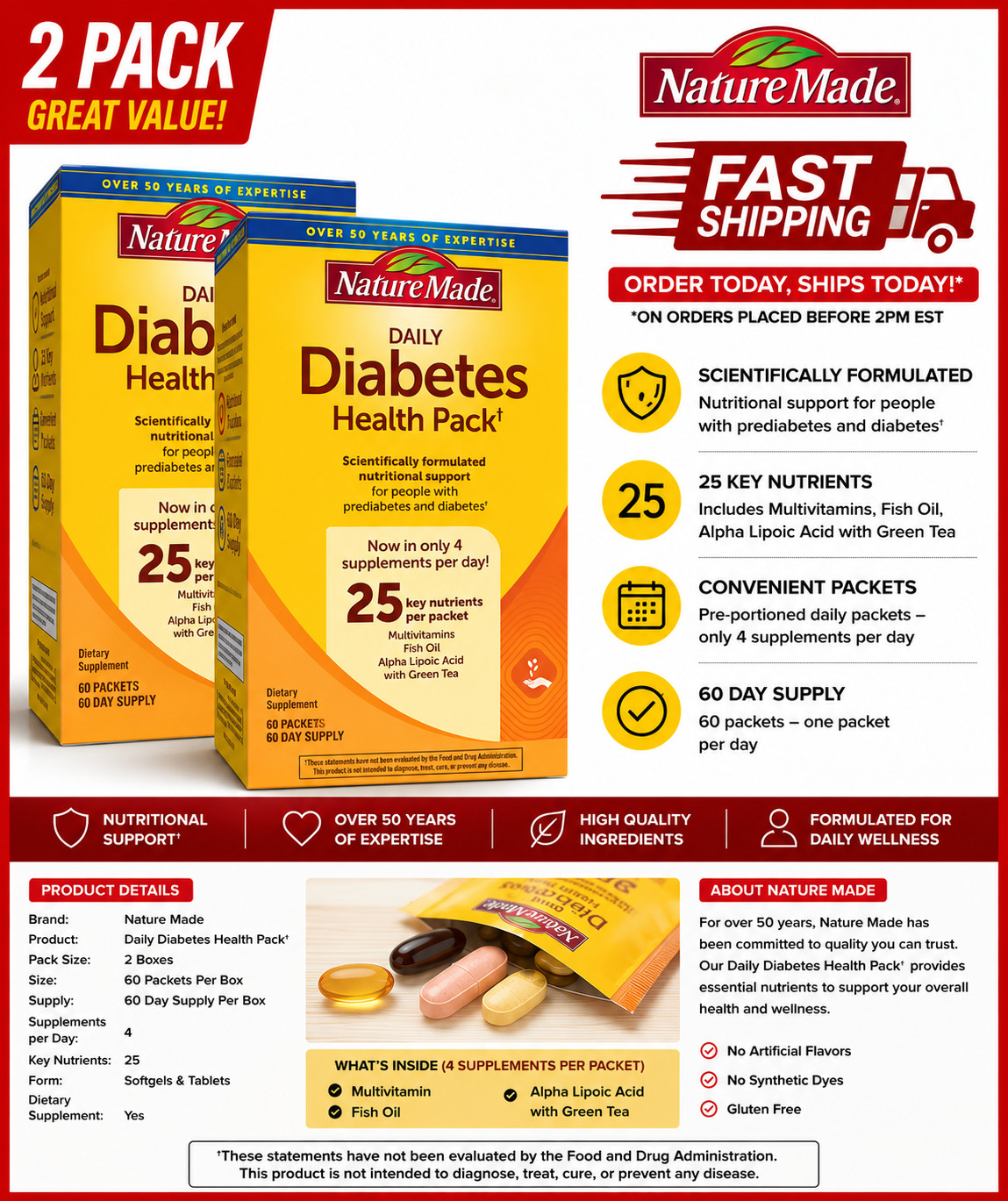 2PACK Nature Made Daily DIABETIC Health Pack 60 Packets 60 Day Supply