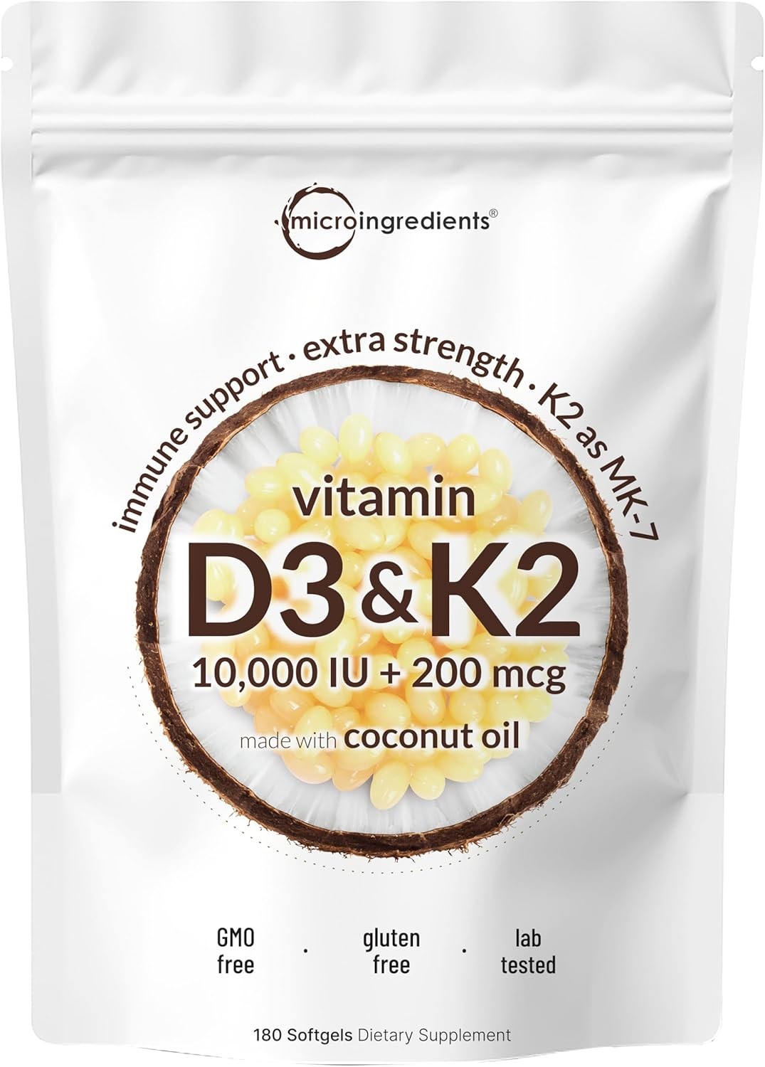 Micro Ingredients Vitamin D3 10,000 IU + K2 MK-7 200 mcg, 300 Softgels with Virg
