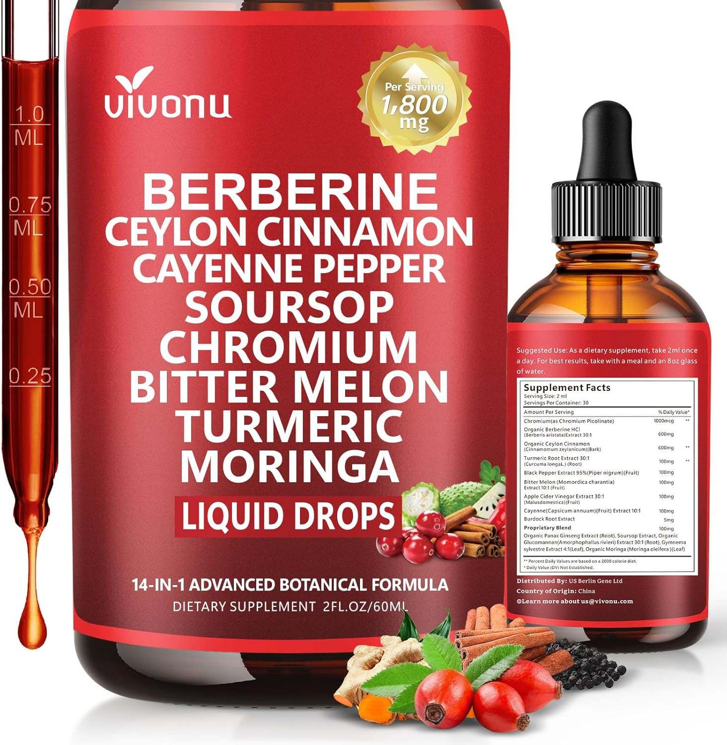 14-in-1 Berberine with Ceylon Cinnamon Supplement Liquid Drops, 1800mg + 30:1 Li