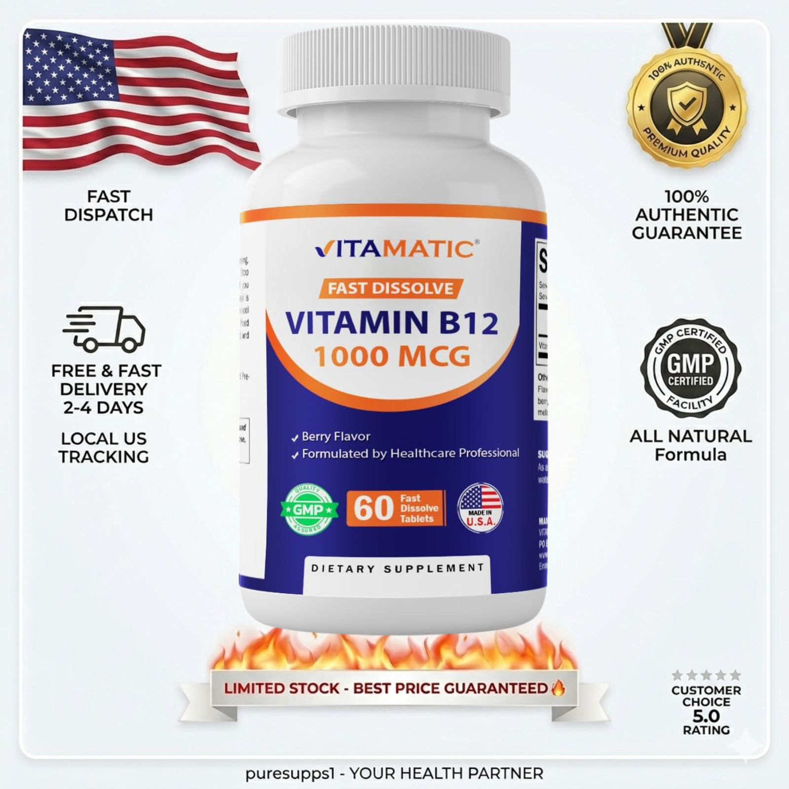 Vitamatic Vitamin B12 1000 mcg Fast Dissolve – 60 Tablets – Natural Berry Flavor