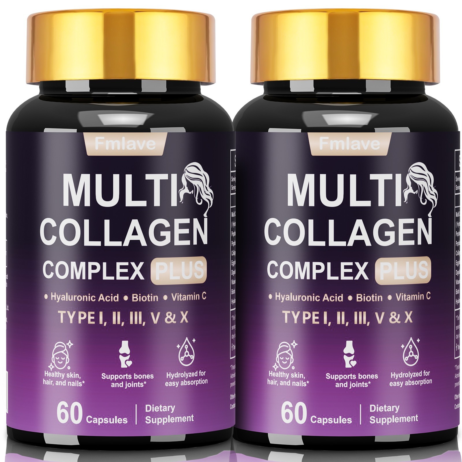 2 pack Collagen Pills Peptides Types I, II, III, V & X 25,00 MCG Biotin 120 Caps