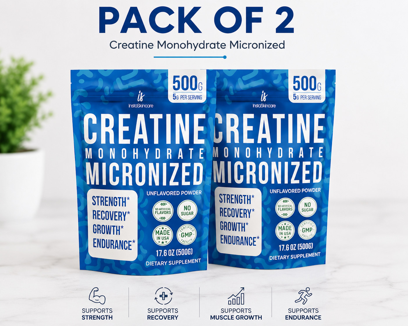 Creatine Monohydrate Powder Muscle Gain 5000mg Made in USA 1.1LB Pack of 2