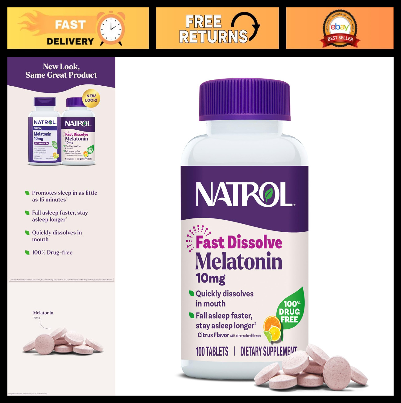 Melatonin 10mg Fast Dissolve Tablets – Citrus Flavor, 100 Count, Sleep Aid, 100-