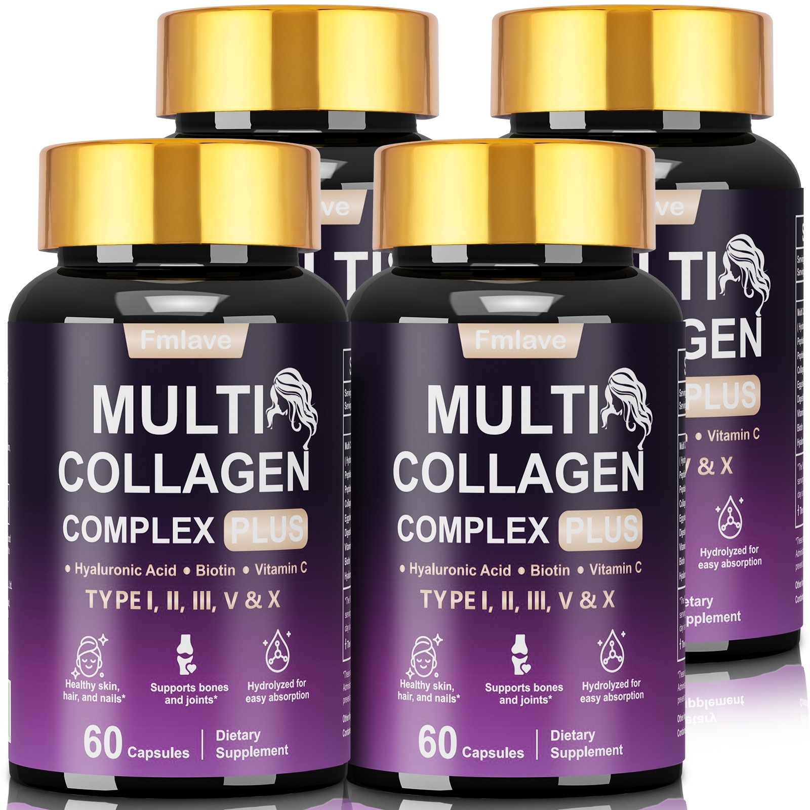 Hydrolyzed Collagen Peptides pills 1000 mg ( i,ii,iii,V,X) Hyaluronic Acid Vit C