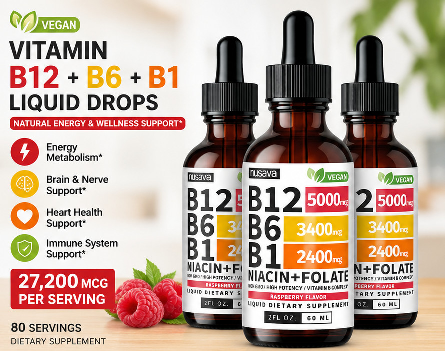 3 Pack Vitamin B Complex Liquid Drops, Raspberry Flavor Daily Nutrient Support