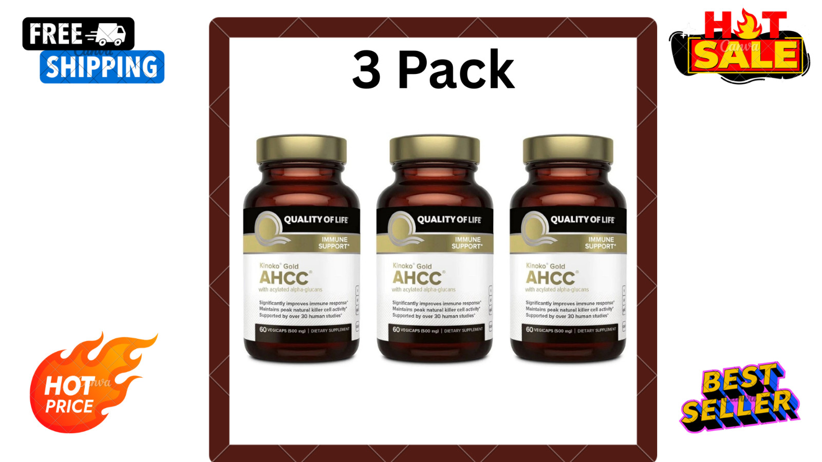3 PACK Quality of Life Labs Kinoko Gold AHCC Immune Support 500 mg 60 caps