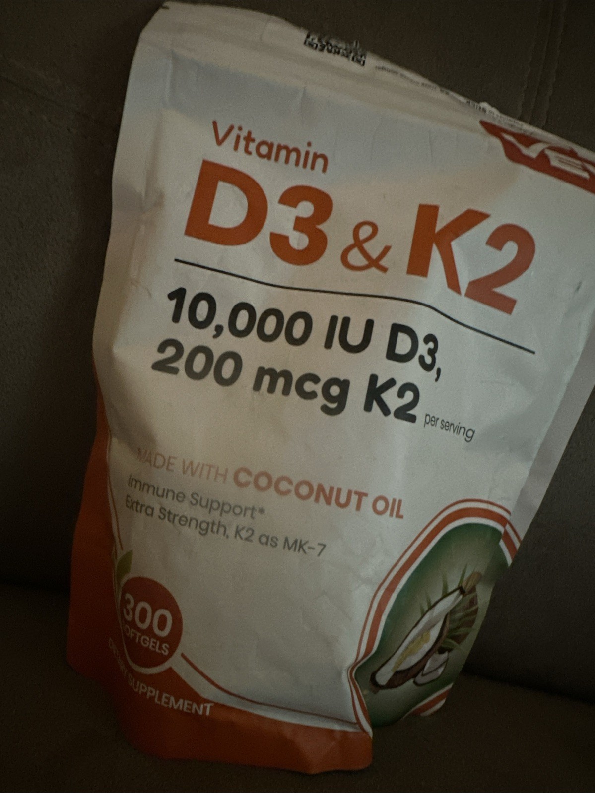 2 in 1 Vitamins，VEV Vitamin D3 Con K2 10000 IU, 300 Virgin Coconut Oil Softgels