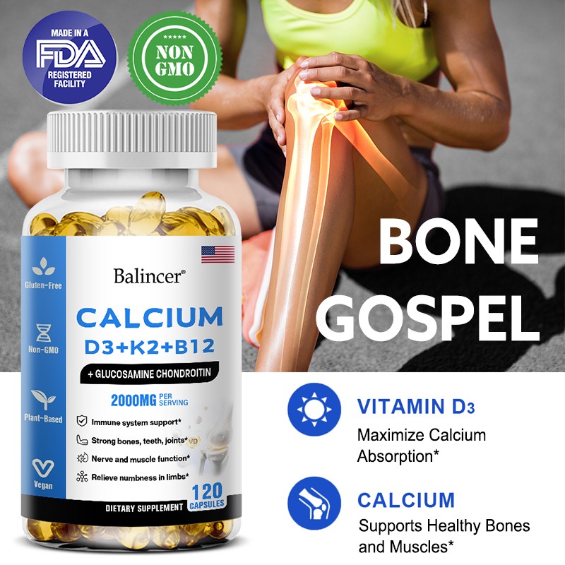 Calcium Vitamin D3 K2 B12 Strengthen Bone Teeth Joint 120 Softgel Nerve Muscle