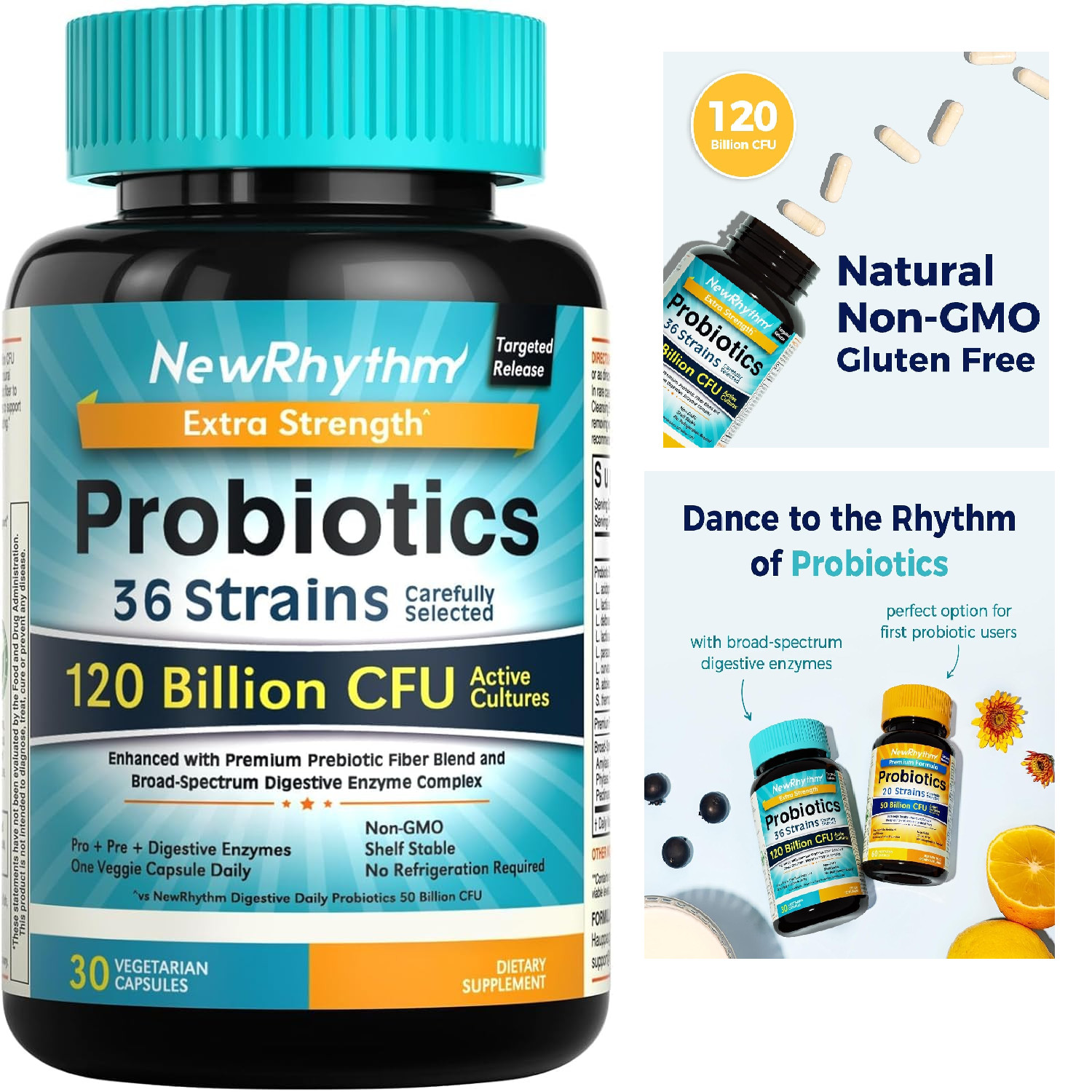 NewRhythm Probiotics 120 Billion CFU 36 Strains, 3-in-1 Probiotics {30ct}