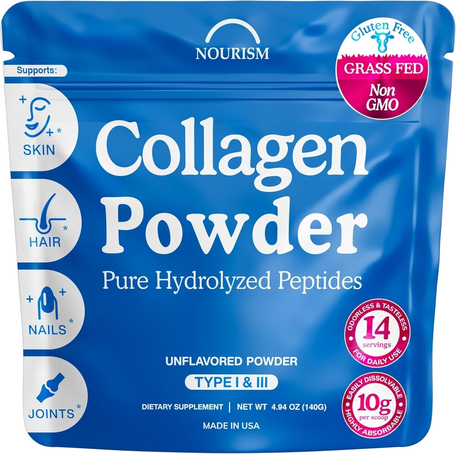 Collagen Peptides Powder 4.93oz Hydrolyzed Types I & III Grass Fed Hair Skin