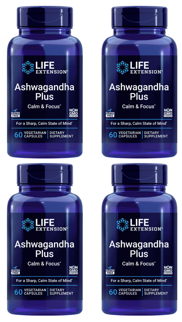 4PACK Life Extension Ashwagandha Plus Calm and Focus Mind Supplement 60 Veg Caps