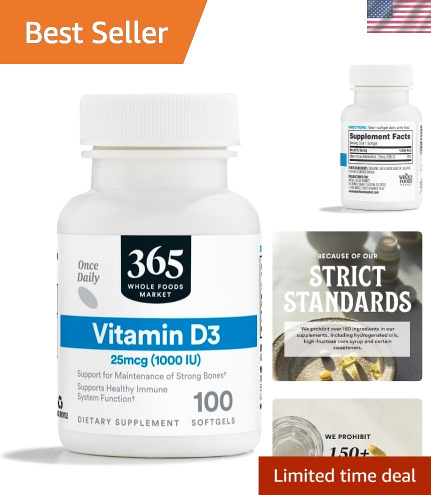 100 Count Unflavored Vitamin D3 Softgels 1000 IU – No Additives for Pure Health