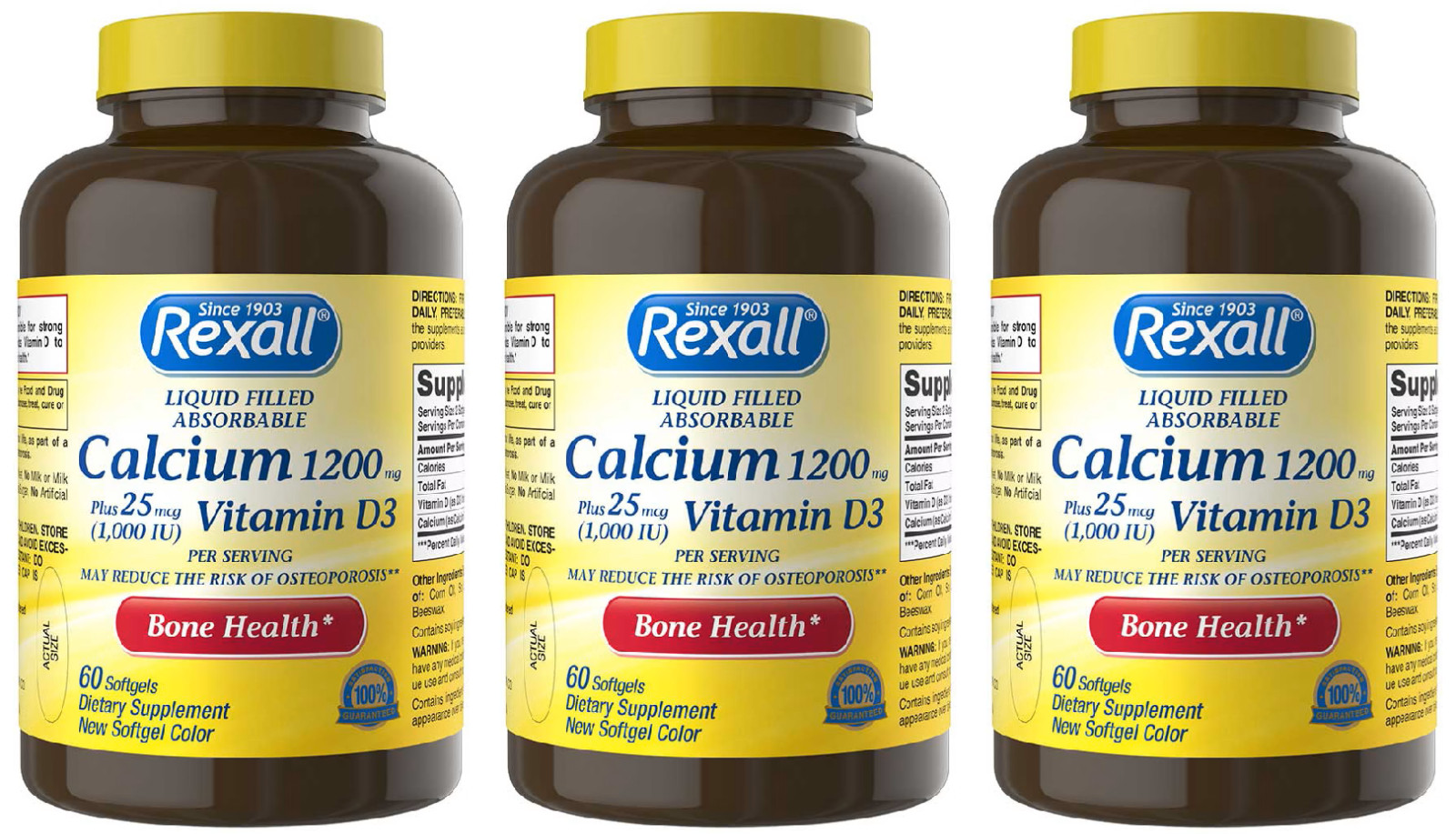 Pack 3 Rexall Calcium 1200 mg plus 25 mcg Vitamin D3 Softgels, 60 Ct Each, 06/27